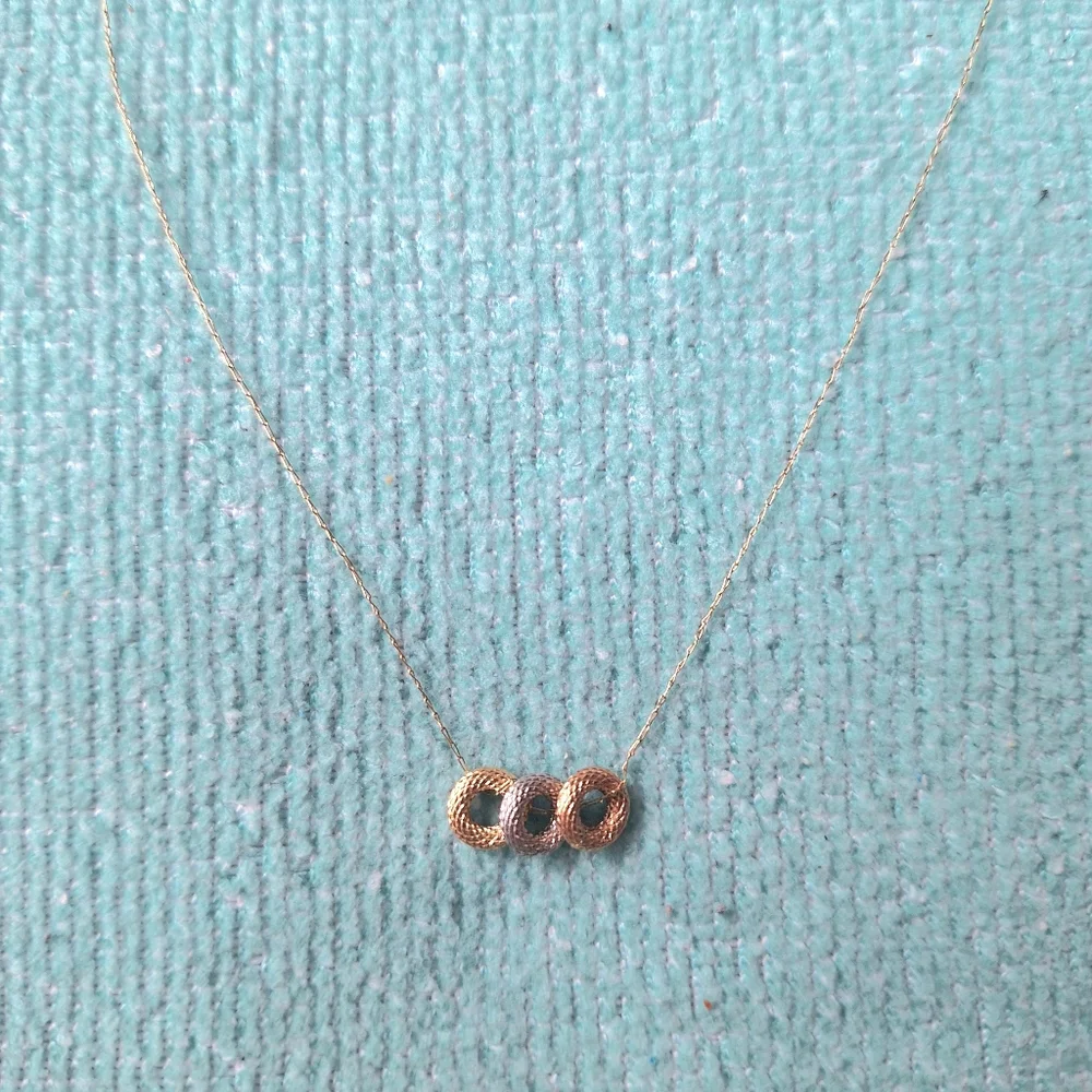 14K Tricolor White, Rose, Yellow Gold Donut Circles Solid Gold Dainty Necklace - Picture 3 of 5